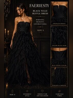 Faeriesty Black Strapless Tulle Ruffle Dress Size S Formal Prom Party Gown